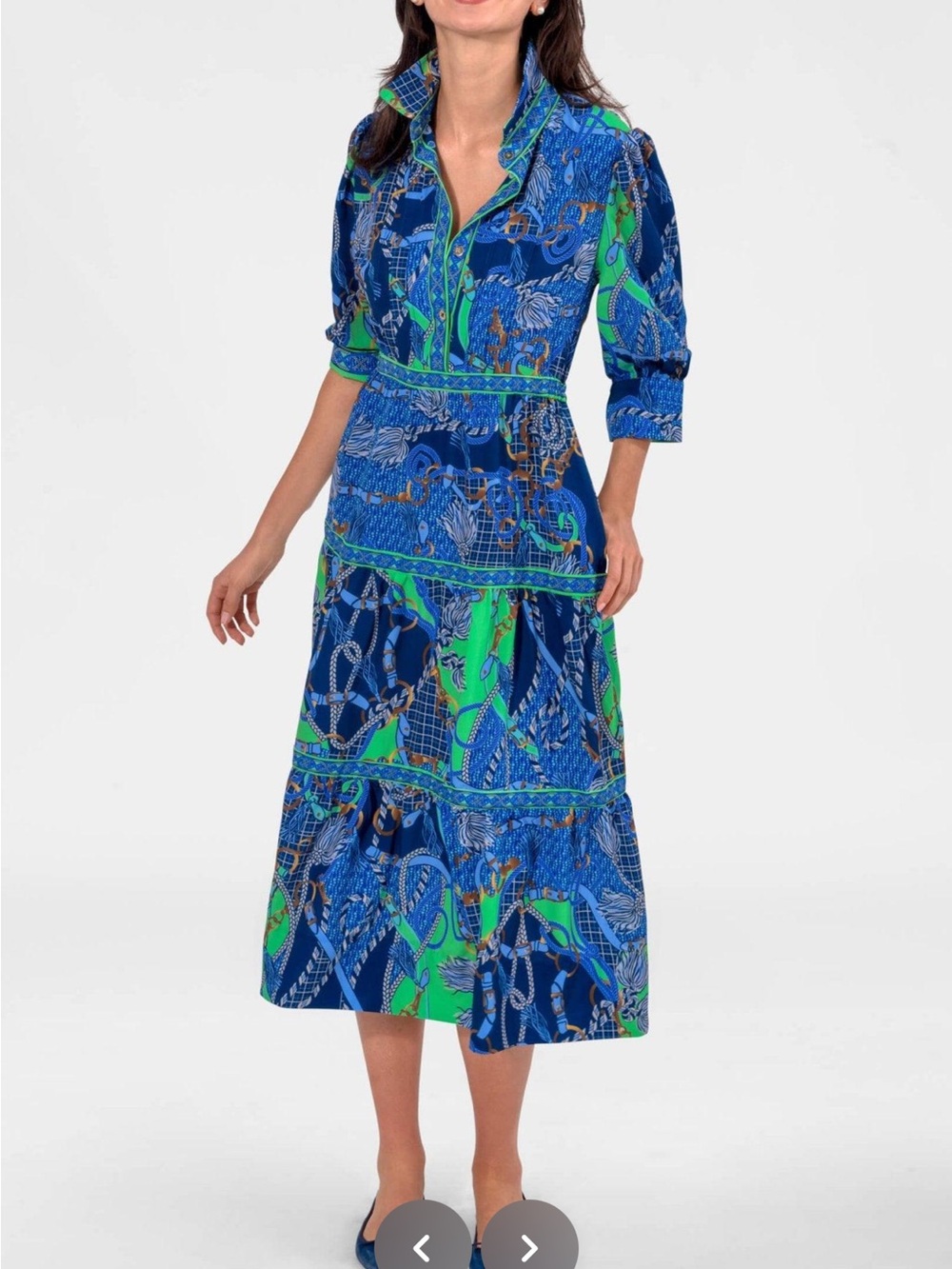 Gretchen Scott Designs Blue & Green Printed Shirtwaist Midi Dress